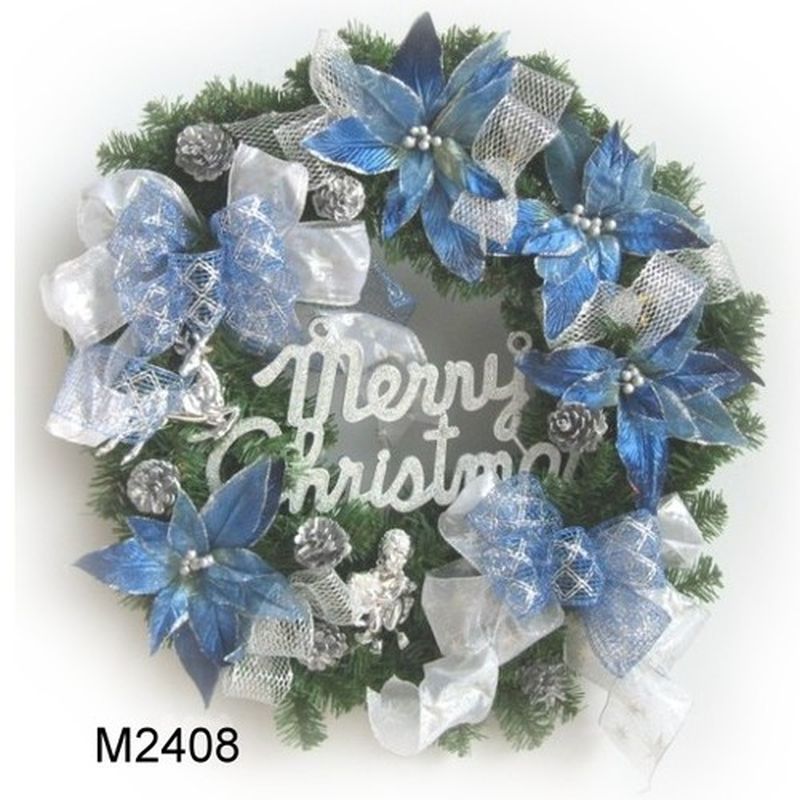 M2408 精緻PVC聖誕花圈-銀色+藍色混搭